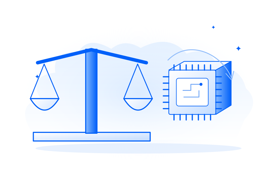 A balance and processor illustrate the tension between expensive capital and technology demand.