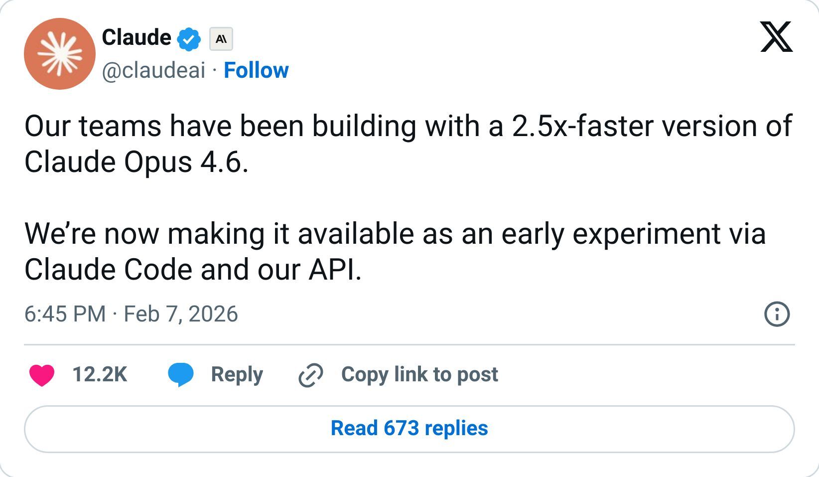 Claude tweet about 2.5x faster Opus 4.6