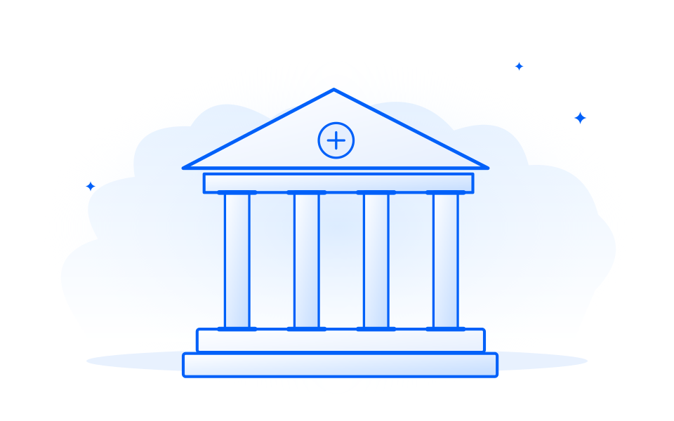 A blue line illustration of a bank.