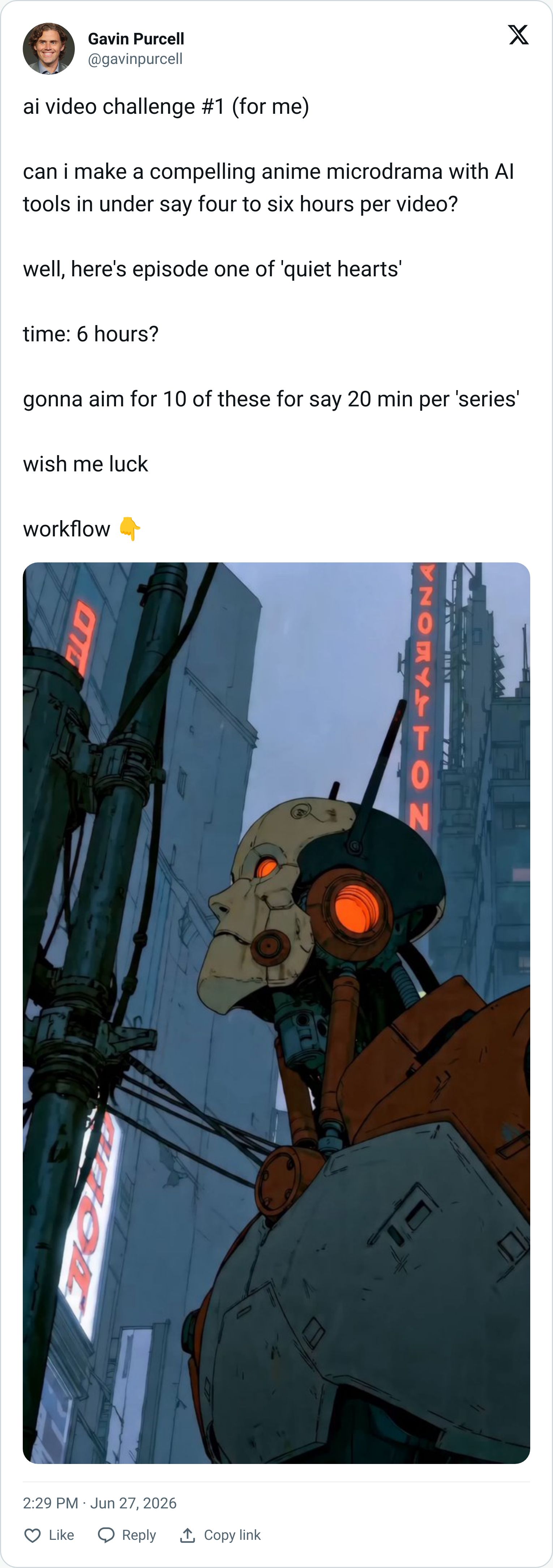 Gavin Purcell tweet showing the anime microdrama pilot
