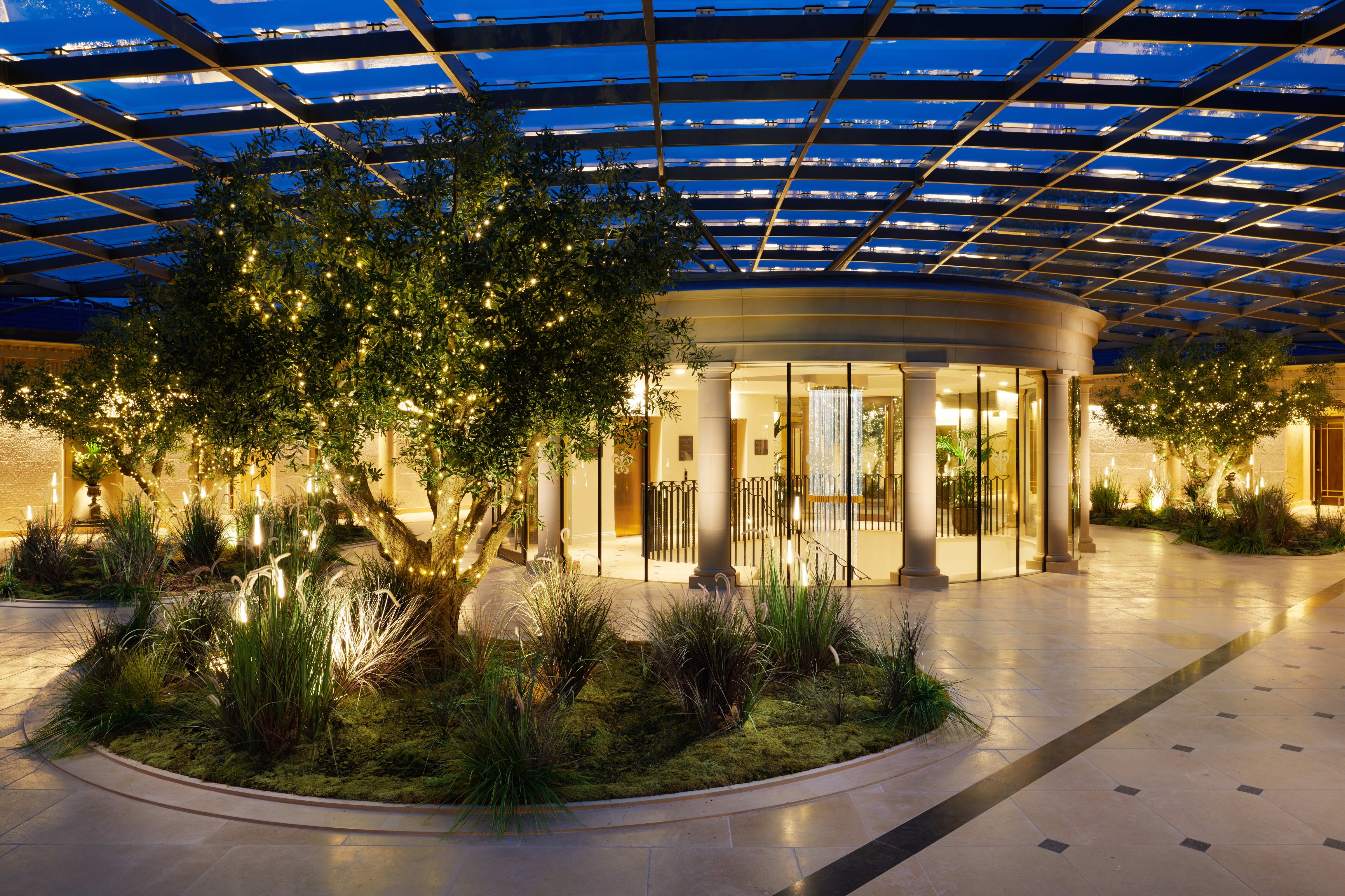 Illuminated covered terrace at Grantley Hall