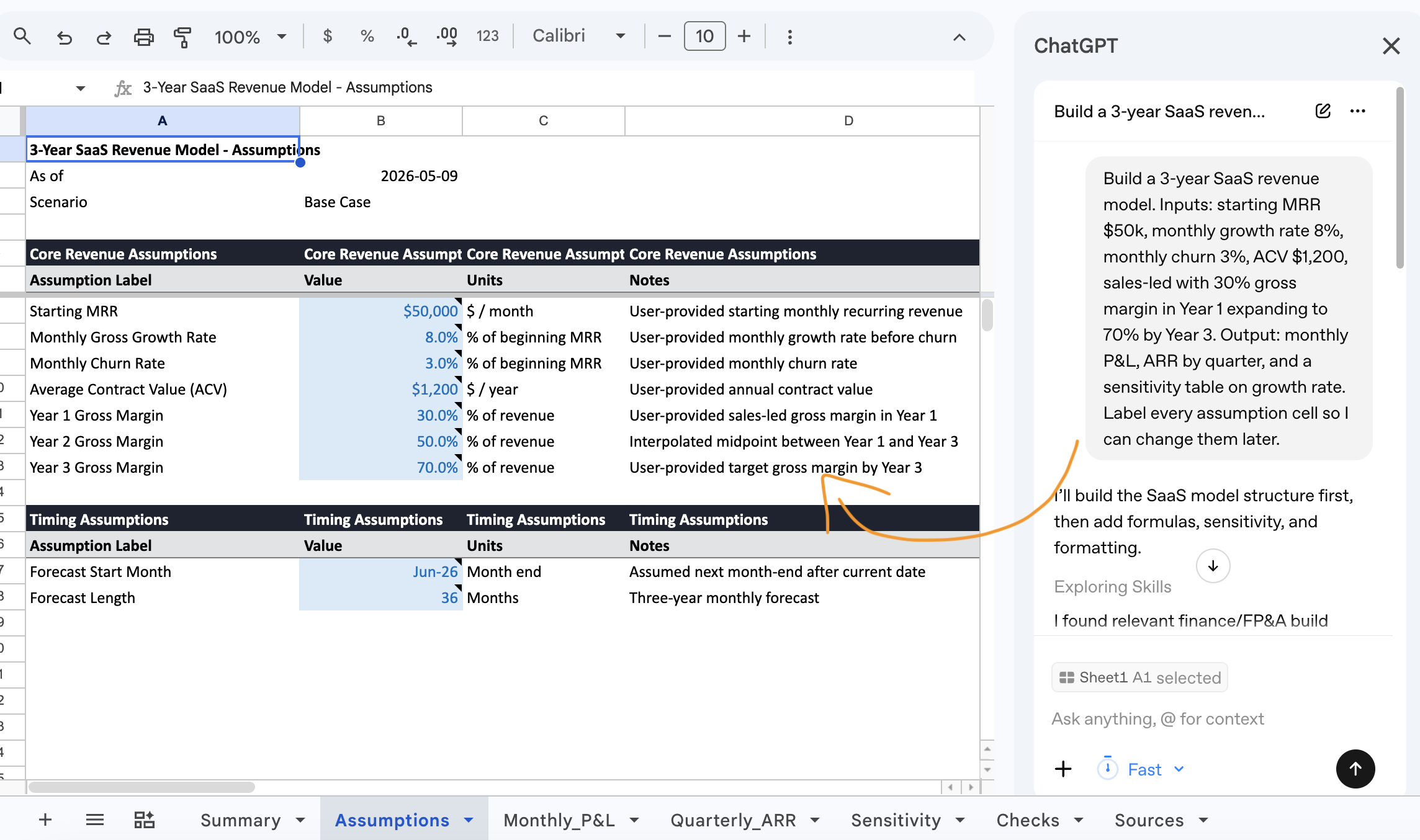 A 3-year SaaS revenue model built from a brief