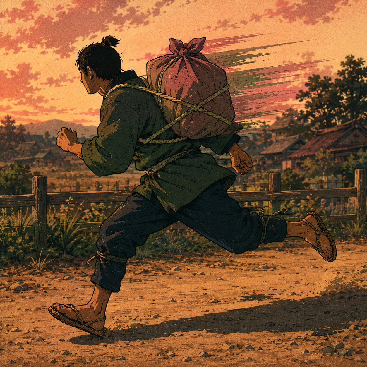 A vintage Showa-era Japanese anime key frame of a working courier mid-stride on a worn earthen road at golden-hour evening, moving left-to-right across the frame. The courier wears a deep matcha-green work-hanten jacket and indigo trousers, with a furoshiki-wrapped bundle clearly visible on their back tied with crossed sage-green cord. Soft dusty-rose motion streaks trail behind the shoulders. A long warm shadow stretches to the right across the road. The bundle (束) and the road-motion (⻌) together visualize the etymology of the kanji 速 — speed of motion, carrying quickly down a road.