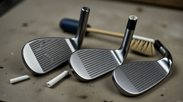 Close up of golf iron grooves being cleaned
