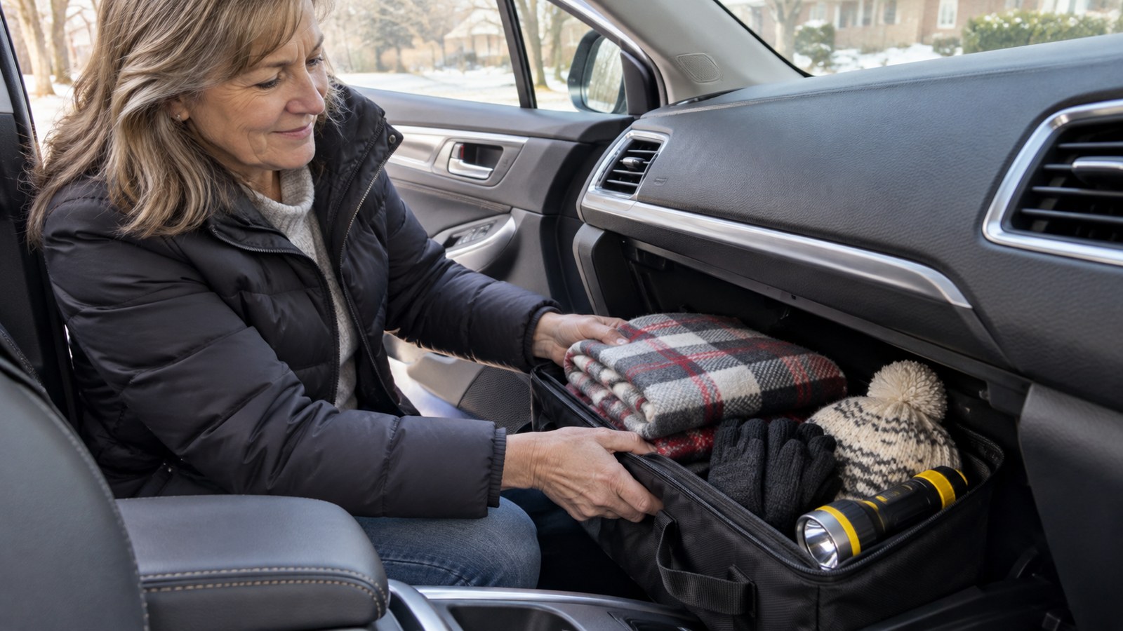 A woman in her50s setting a neatly folded warm blanket, hat gloves and working flashlight in a secured bag in a parked car storage compartment, visible reachable location, not loose in driver footwell.