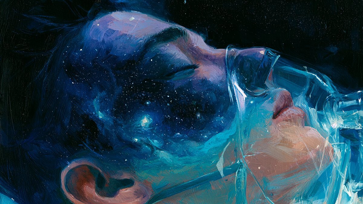 Painting of a person under an anesthesia mask, their face dissolving into stars