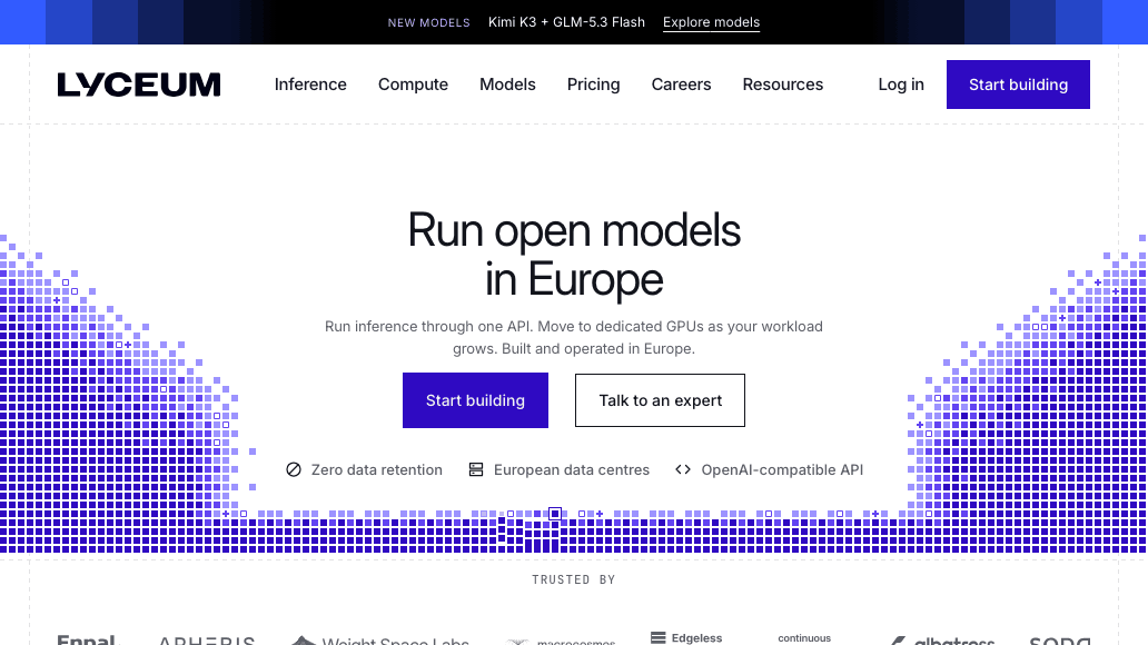 The new Lyceum homepage, Run open models in Europe, with its pixel ground moving