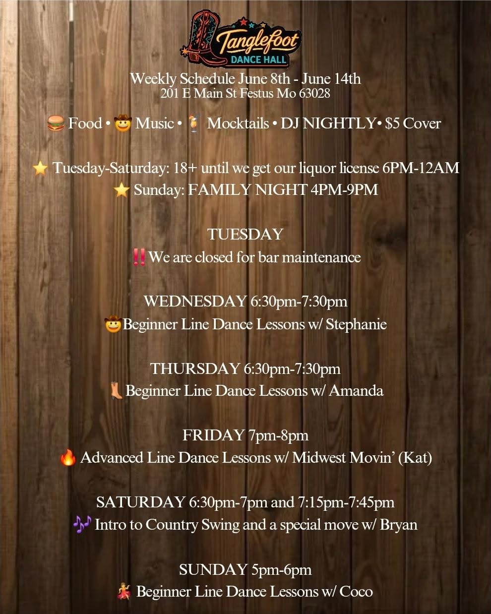 Tanglefoot Dance Hall June 8th- June14 Schedule