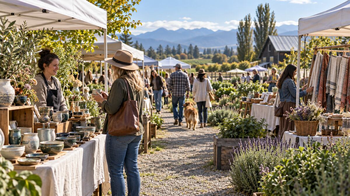 Shoppers browsing handmade goods at an outdoor farm market in Delta, British Columbia