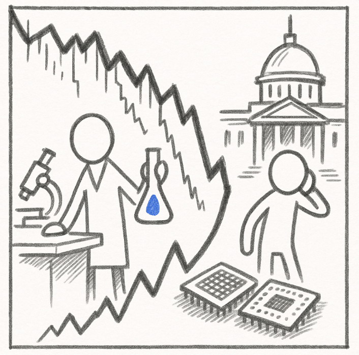 A dramatic split image of a plummeting stock chart overlaid with a biotech lab setting on one side, and a government building with semiconductor chips on the other, conveying tension and high stakes.