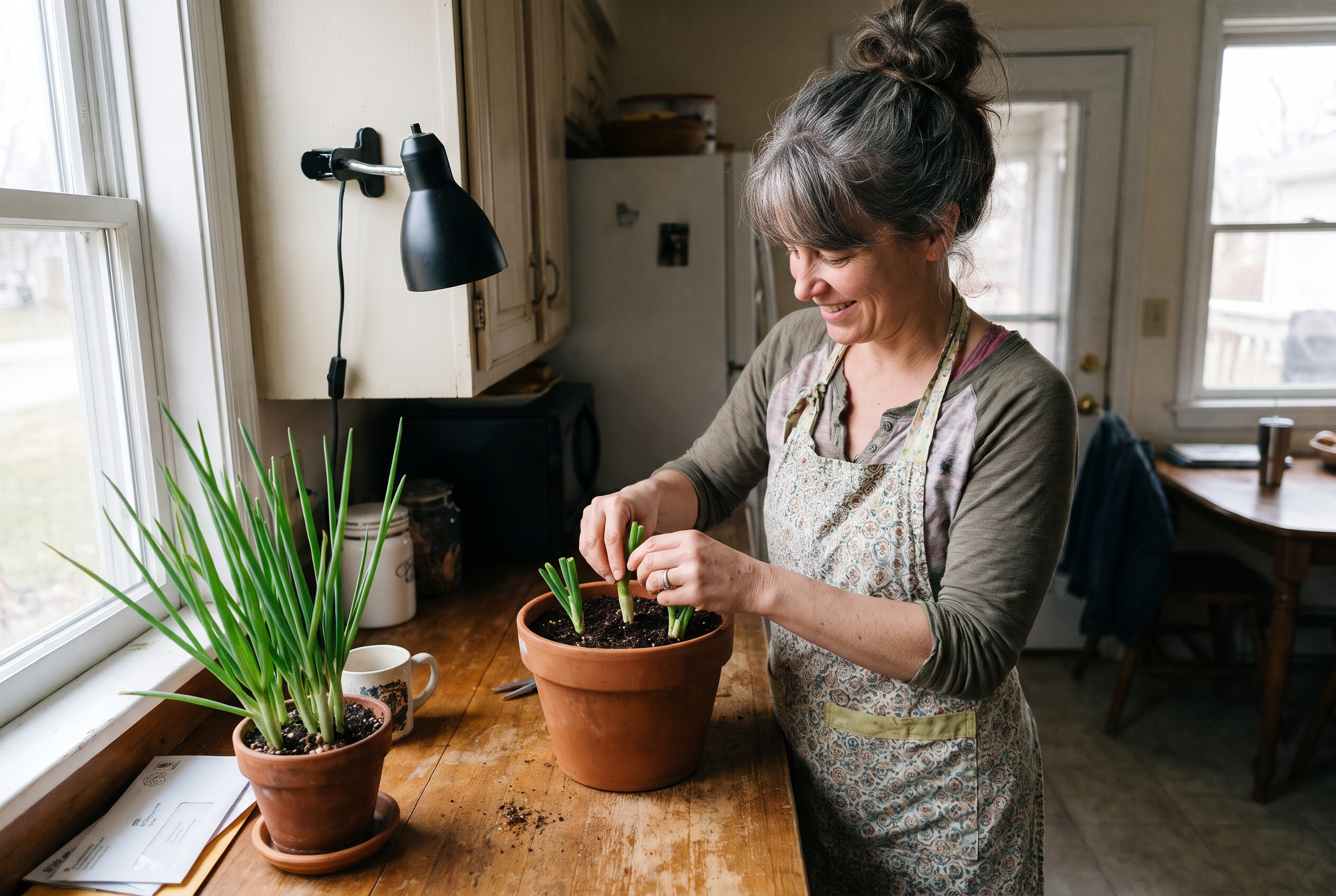 Illustrative household action: Woman about 55 at an ordinary kitchen counter planting rooted green onion white ends upright in a small drainage pot; rooted white ends clearly visible, tall healthy green tops on another pot, simple clamp plant light, no huge setup.