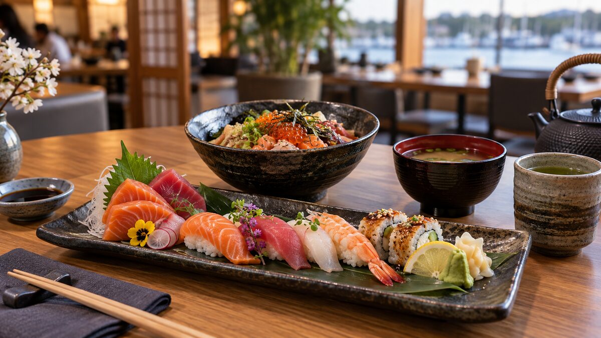 Photorealistic editorial illustration of sushi and donburi at a Japanese restaurant in Ladner, Delta BC