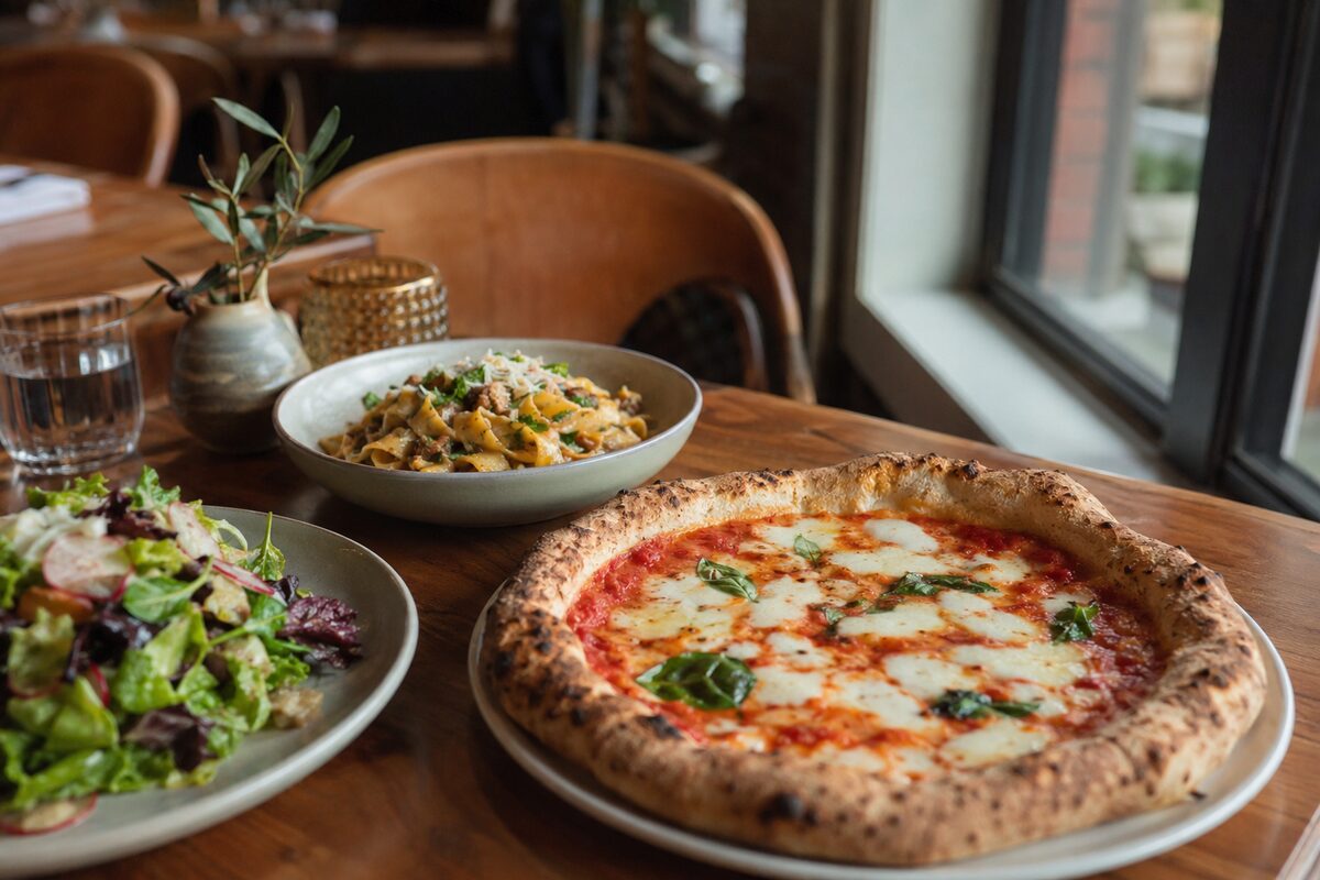 Wood-fired margherita pizza, handmade pasta and salad on an Italian restaurant table