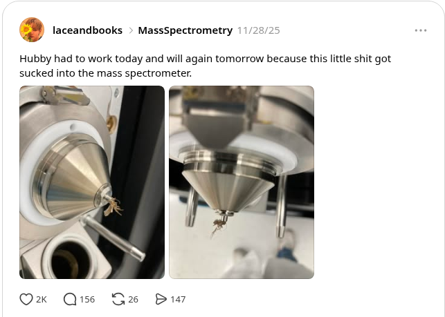 Threads post by laceandbooks showing a spider stuck in a mass spectrometer inlet cone