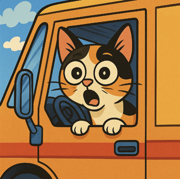 A calico cat inside a truck, looking curious in a lighthearted, animated style - Vibrant colors, cartoon style with exaggerated content. An art style mix of Family Circus and The Jetsons.