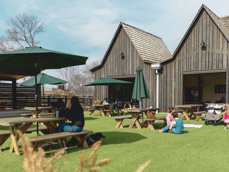 Lawn with picnic tables and green umbrellas beside wooden barns at Haymarket