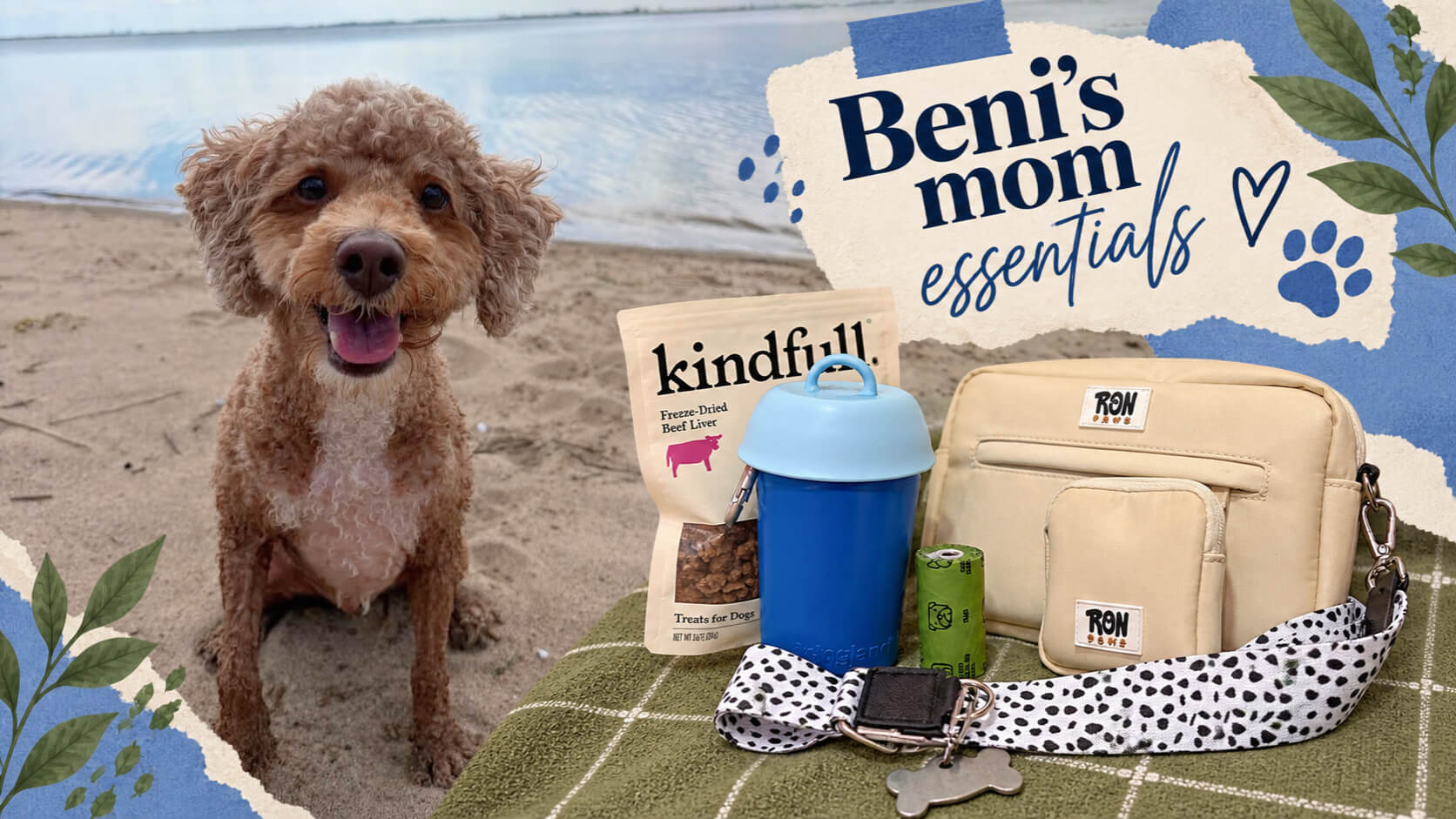 Beni at the beach and the essentials his mom carries for their outings