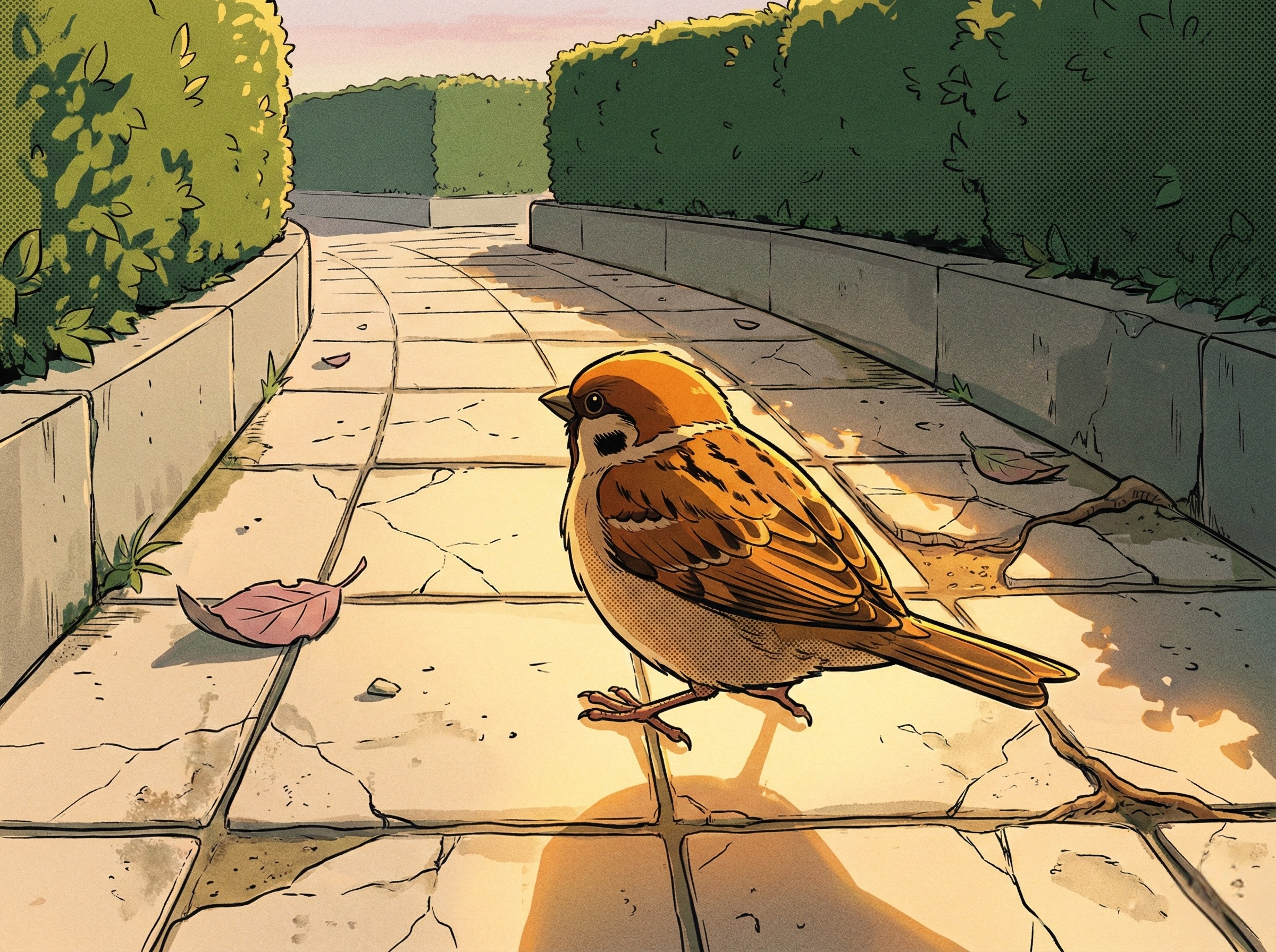 Vintage anime illustration — a small bird hopping along a cracked tile road
