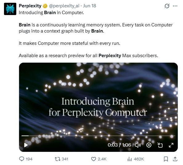 Perplexity post: Introducing Brain for Perplexity Computer
