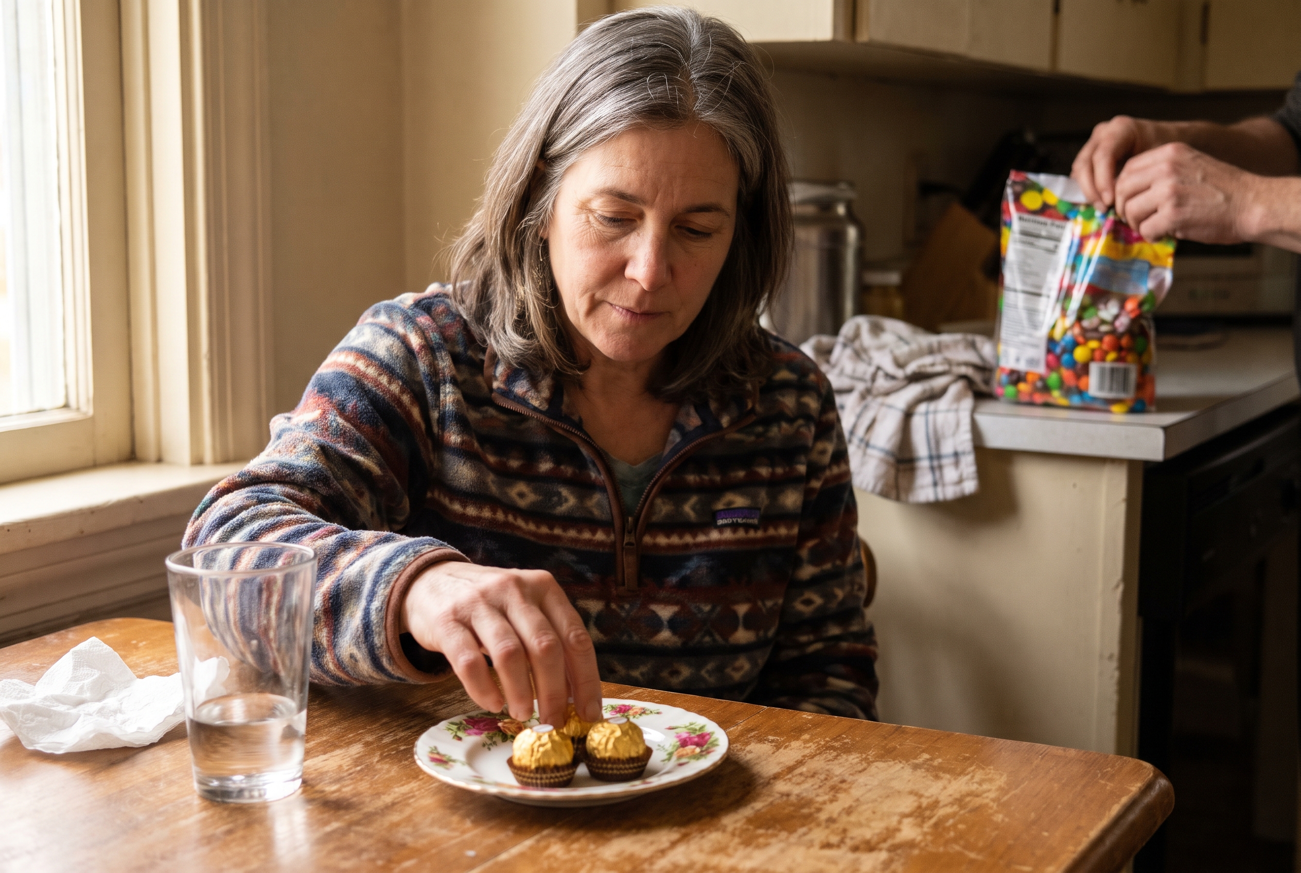 A woman chooses a small treat at the kitchen table while the bag is put away.