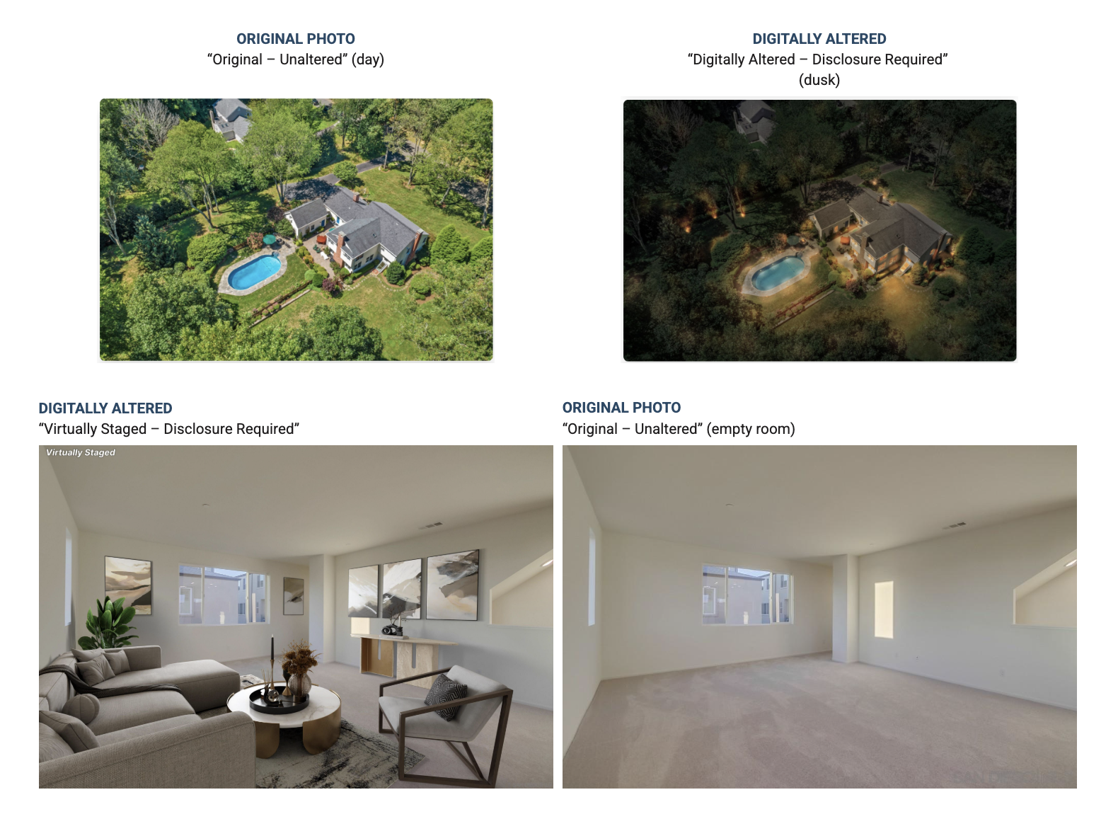 A before-and-after pair of the same room, one original and one digitally altered, labeled as California's listing-photo law requires