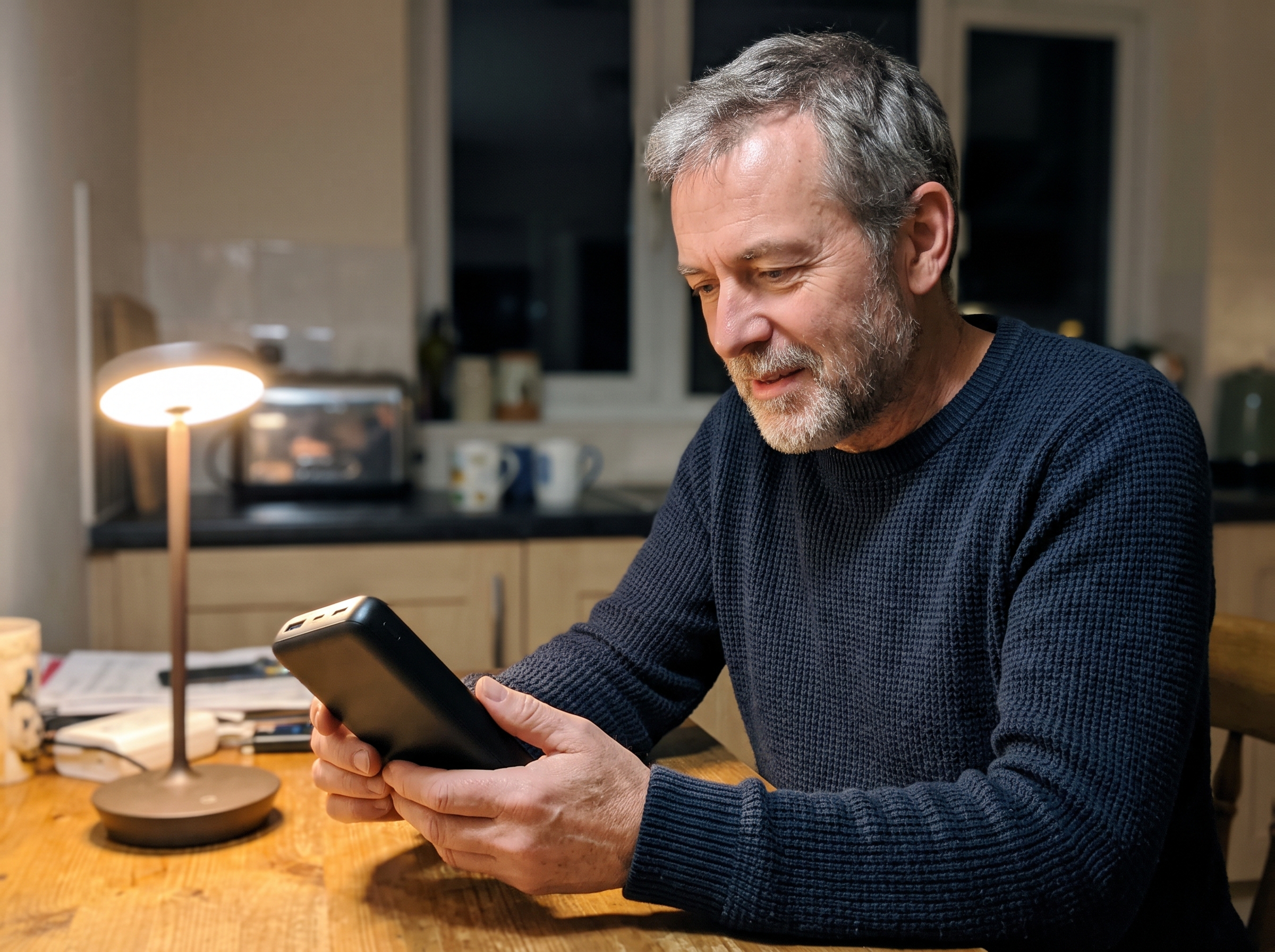 Illustrative scene: man checking his phone beside a lit lamp while considering a backup-power plan.