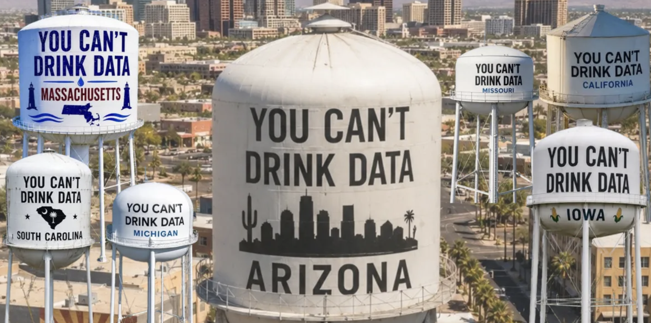 A water tower wearing a giant protest slogan no town ever actually painted