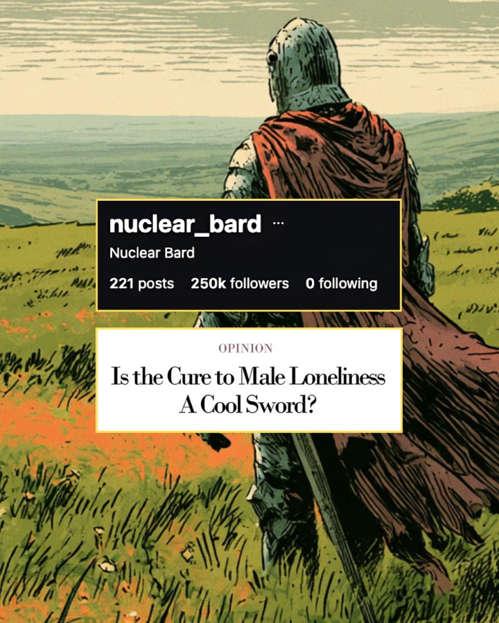 An illustrated knight looking out over green hills, with the nuclear_bard profile and a post title set over it