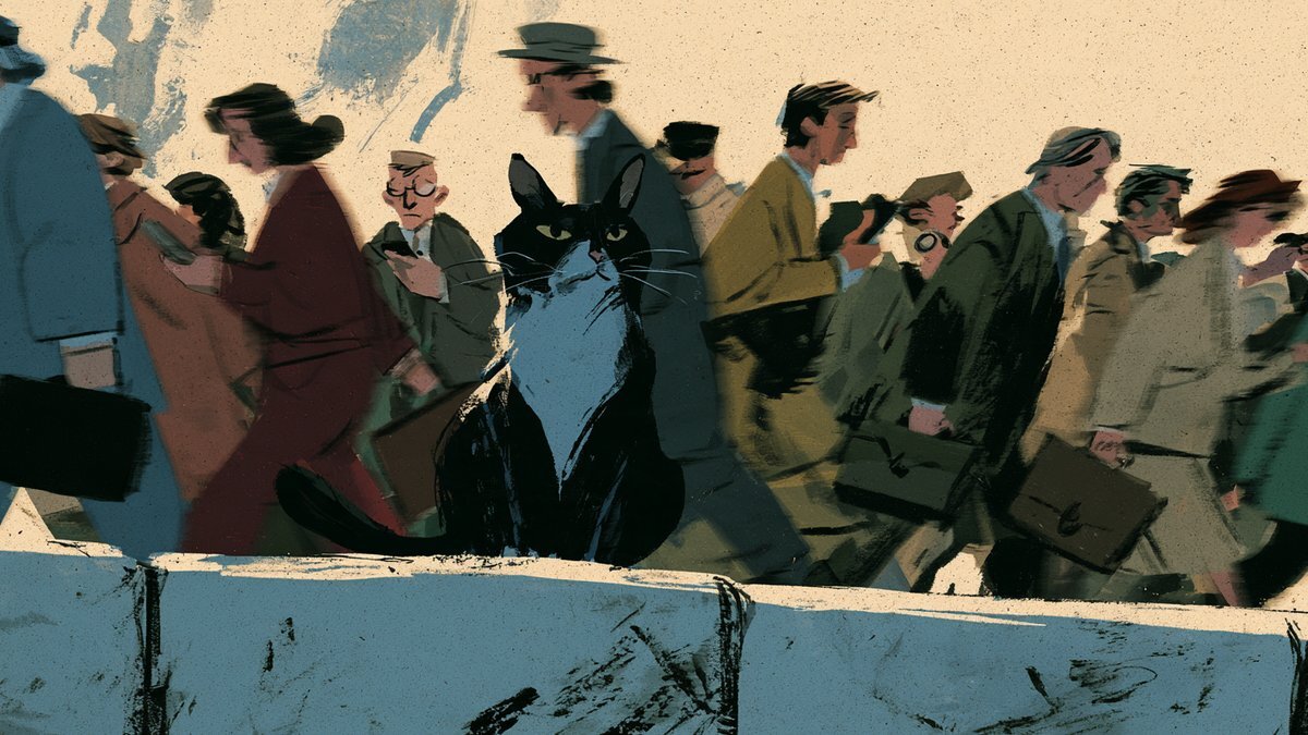 An illustration of a calm black and white cat sitting on a wall as busy commuters rush past