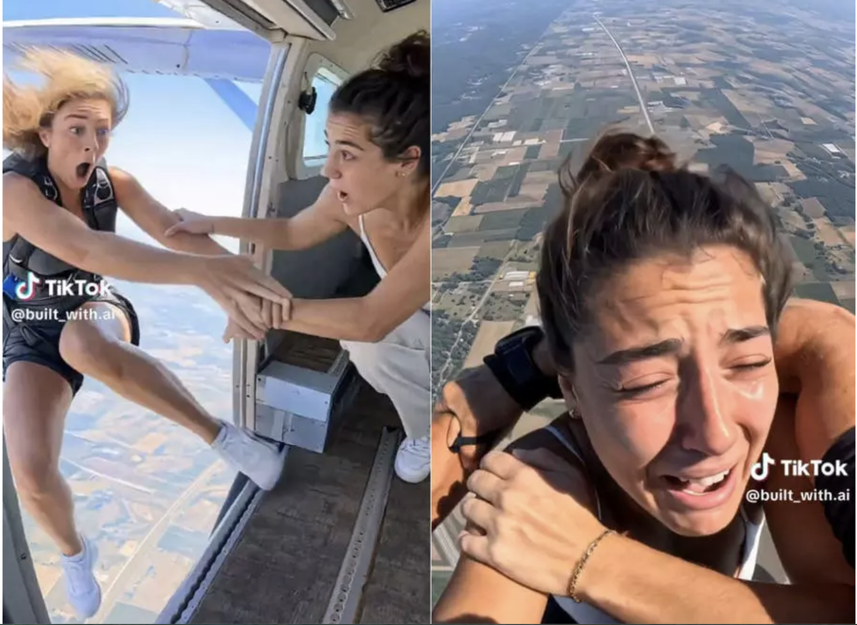 A skydiver with no parachute tumbling through open air after being pulled from a plane by her friend, a moment that was never actually filmed