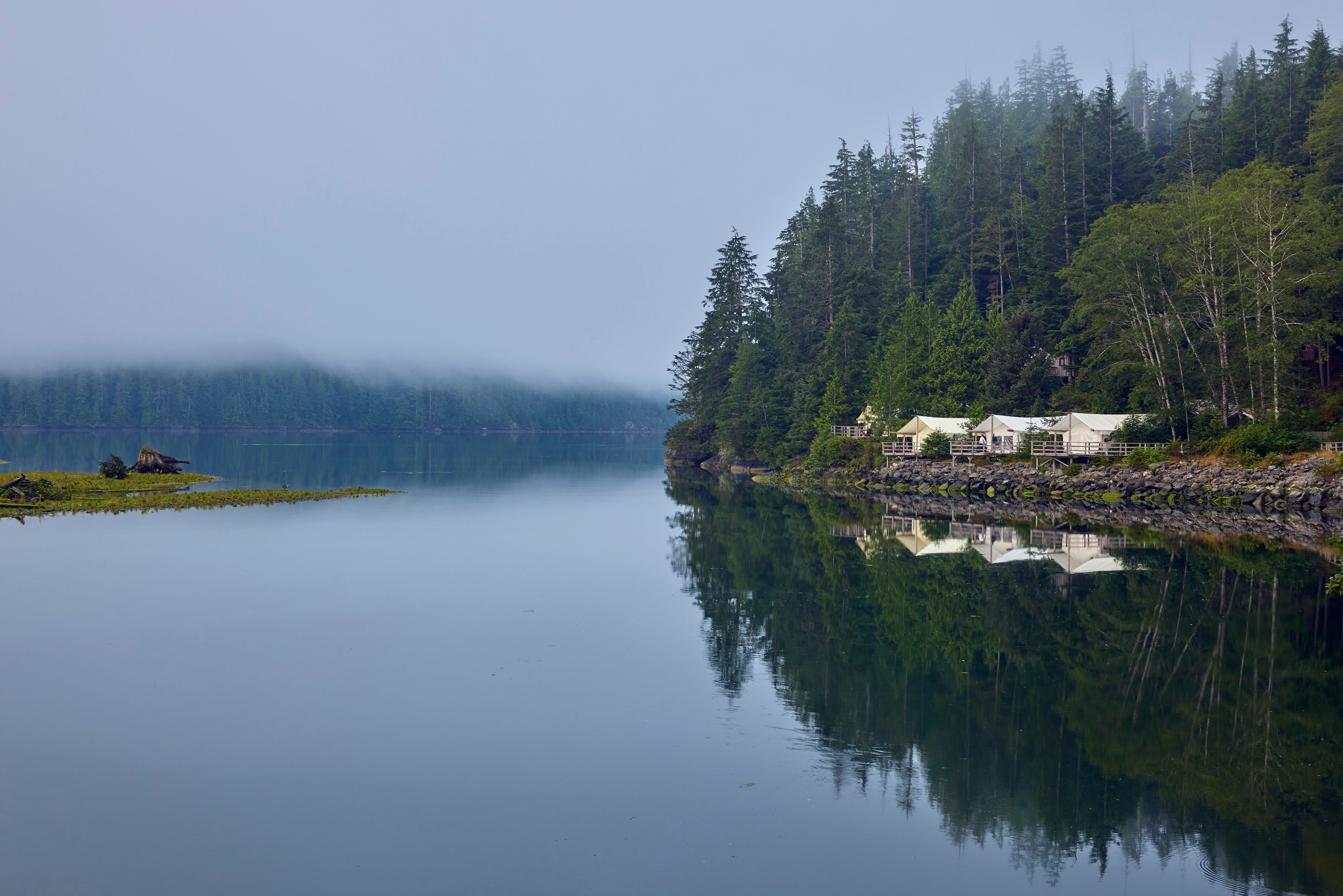 Clayoquot Wilderness Lodge tents among trees reflected in still inlet water