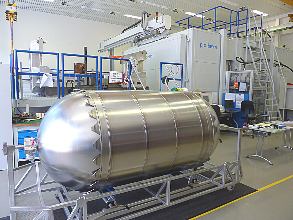 A rocket propellant tank during manufacturing