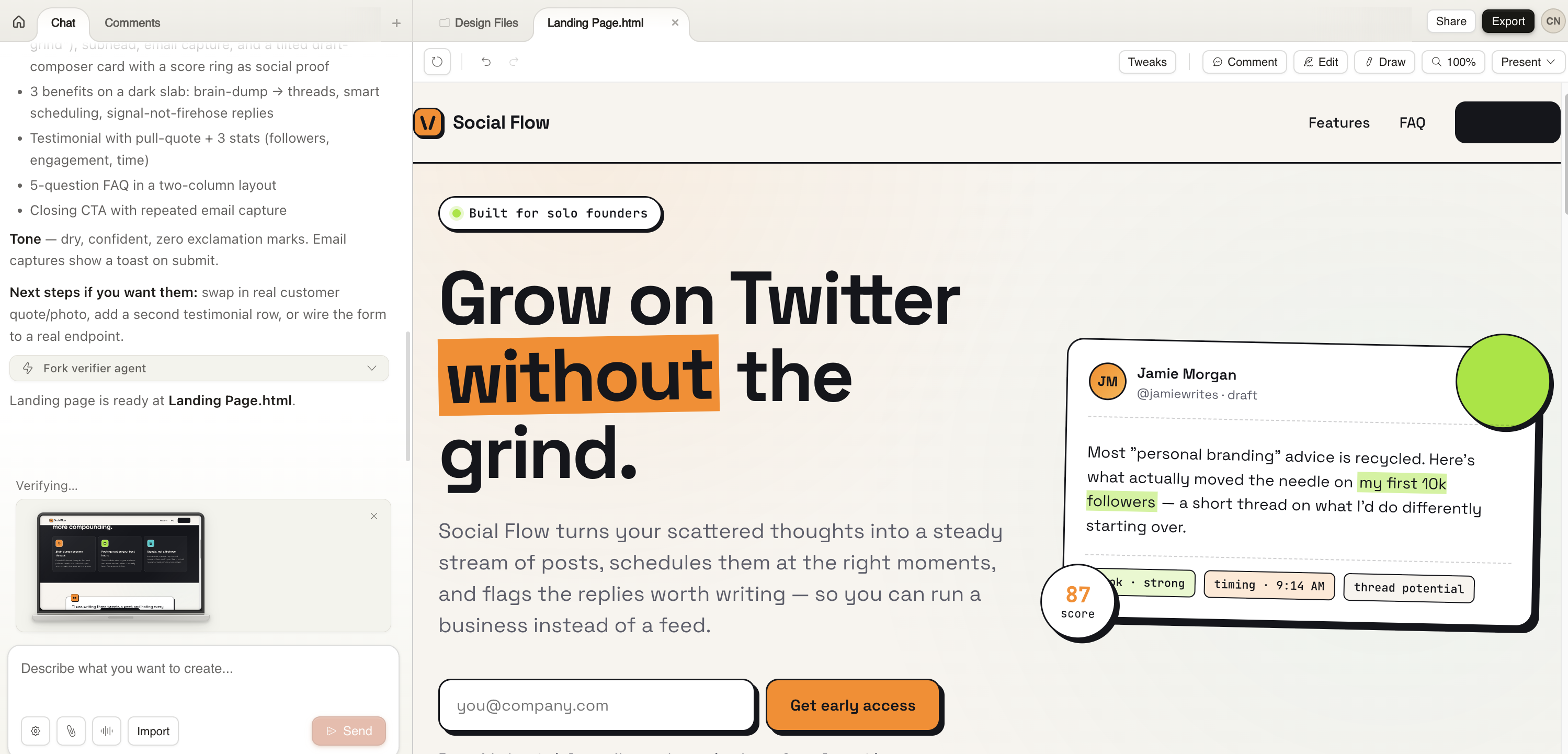 The first-pass landing page rendered on the Claude Design canvas
