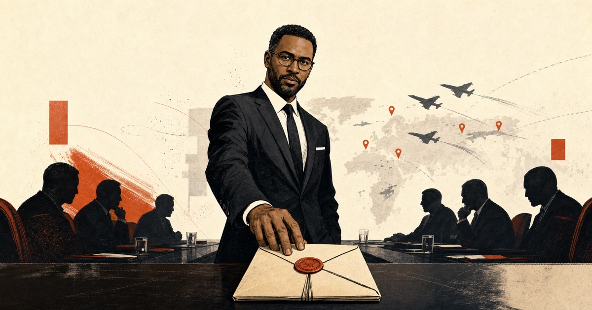 Illustrated Michael Starr Hopkins at a diplomatic table with a sealed peace memo while aircraft silhouettes and warning pins imply the strike option remains in the room