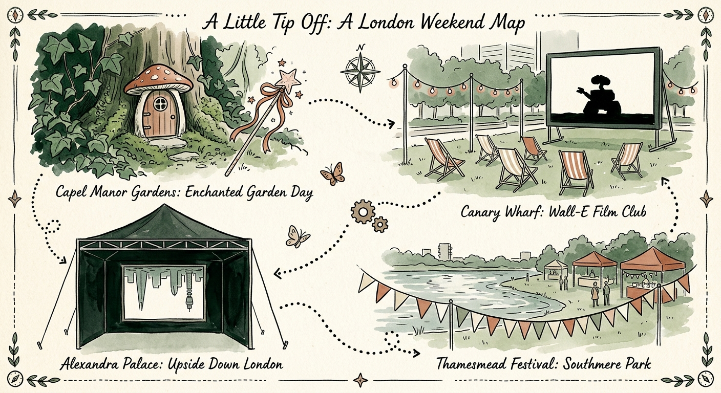 A London weekend map illustration: a fairy wand and toadstool door tucked into ivy at Capel Manor Gardens, a robot silhouette watching an outdoor screen at Canary Wharf, an upside-down skyline framed in a dark tent at Alexandra Palace, and bunting by the lake at Thamesmead Festival