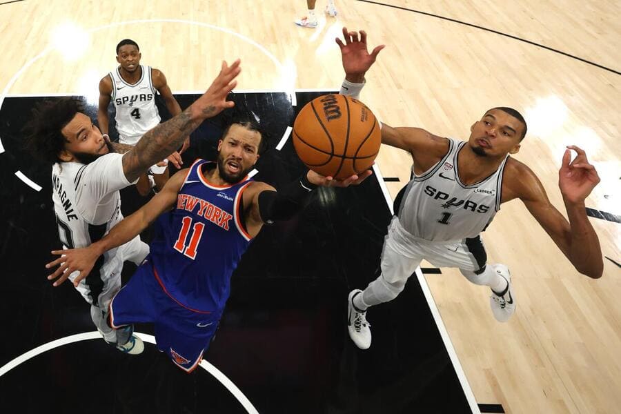 Jalen Brunson driving to the basket in fourth quarter against San Antonio Spurs during 2026 NBA Finals Game 2 at AT&T Center