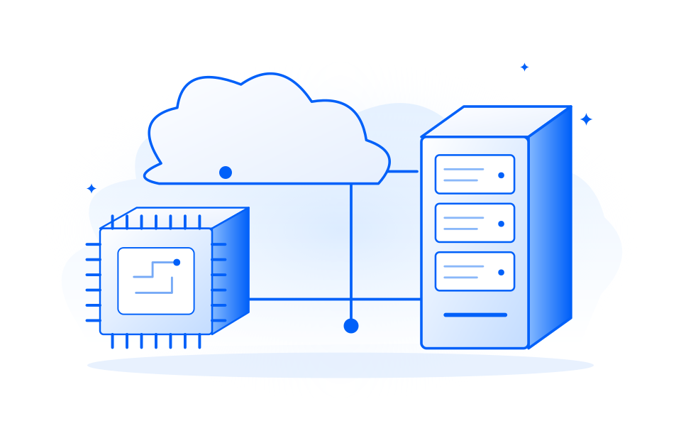 Cloud, compute and server infrastructure joined by a network.