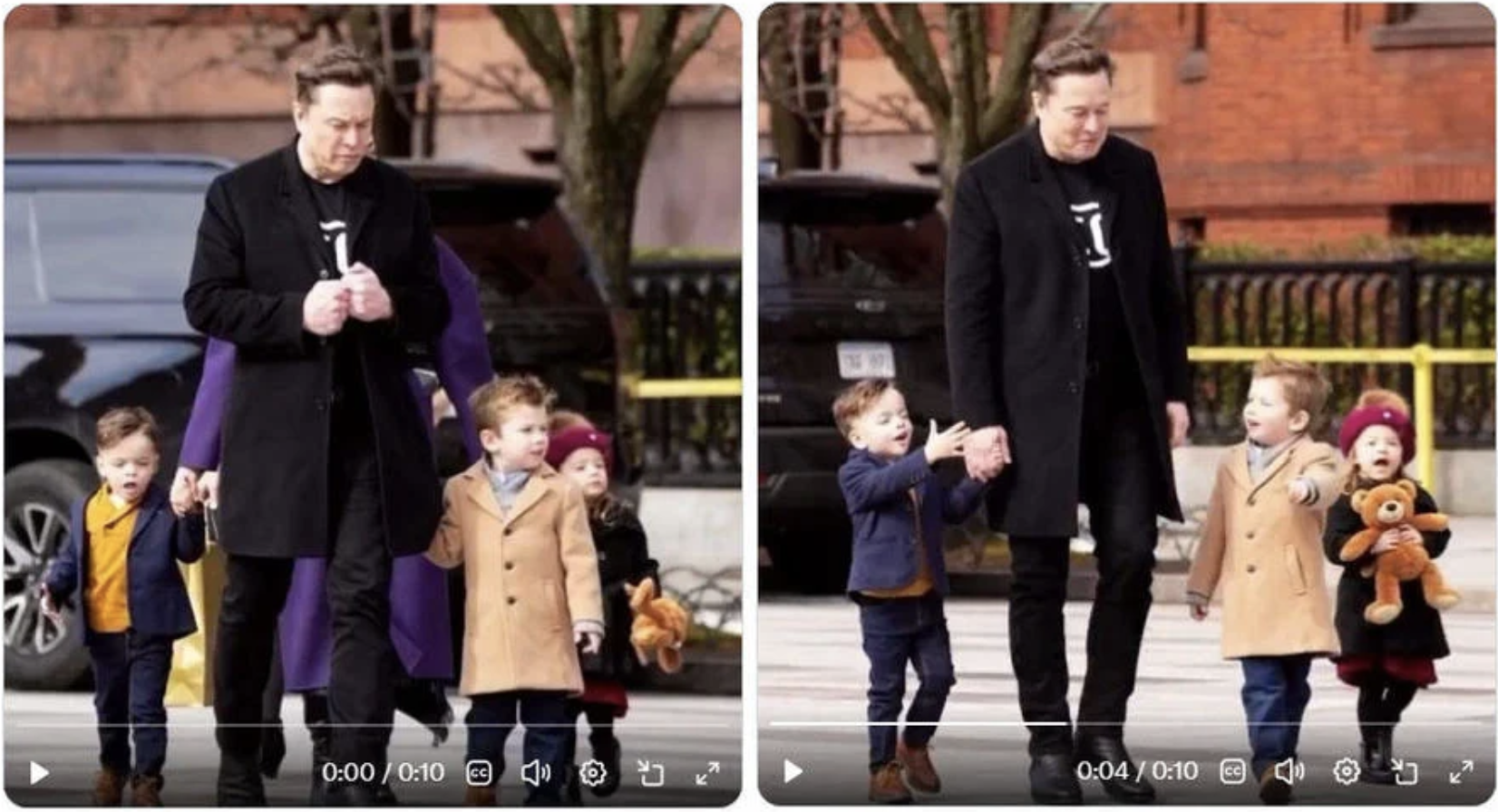 Elon Musk walking with his family down a sidewalk as two women beside him vanish mid-stride, a moment that was never actually filmed