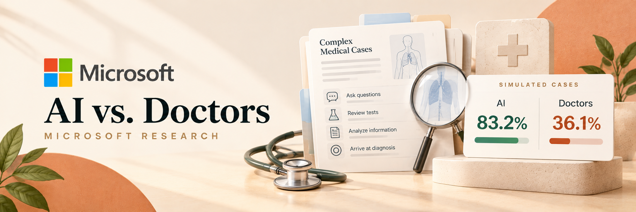 Microsoft AI vs Doctors research banner showing diagnostic accuracy in simulated medical cases