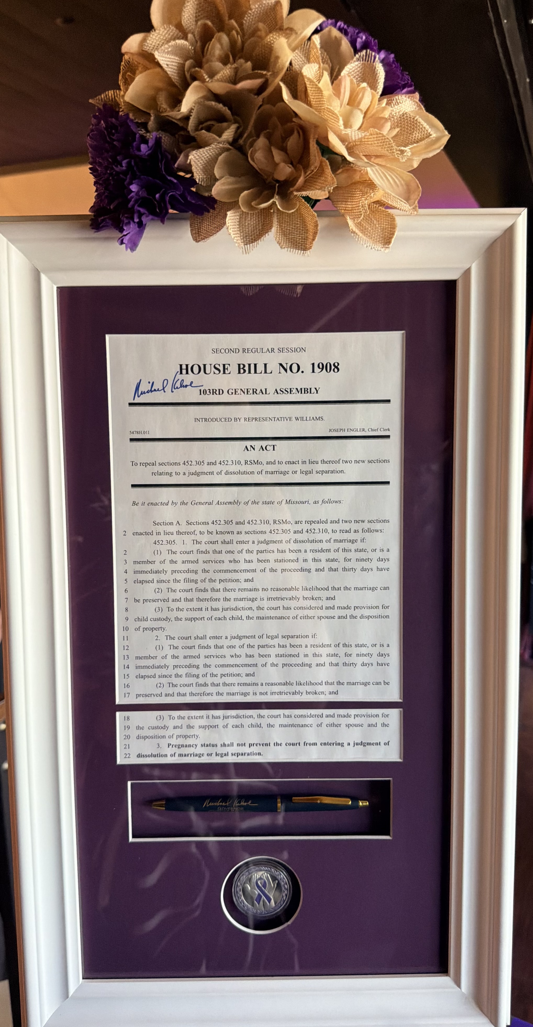 Framed copy of Missouri House Bill 1908