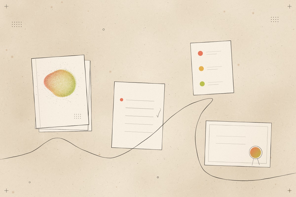 Four drawn paper objects: a field guide, a studio step sheet with a note, a card with three coloured dots, and a certificate with a seal, joined by a thread.