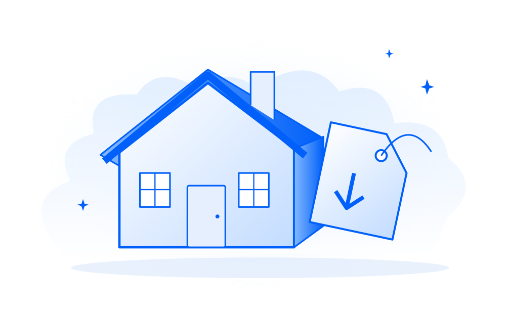 A house and a descending price tag, in the approved Investor Call blue-line style.