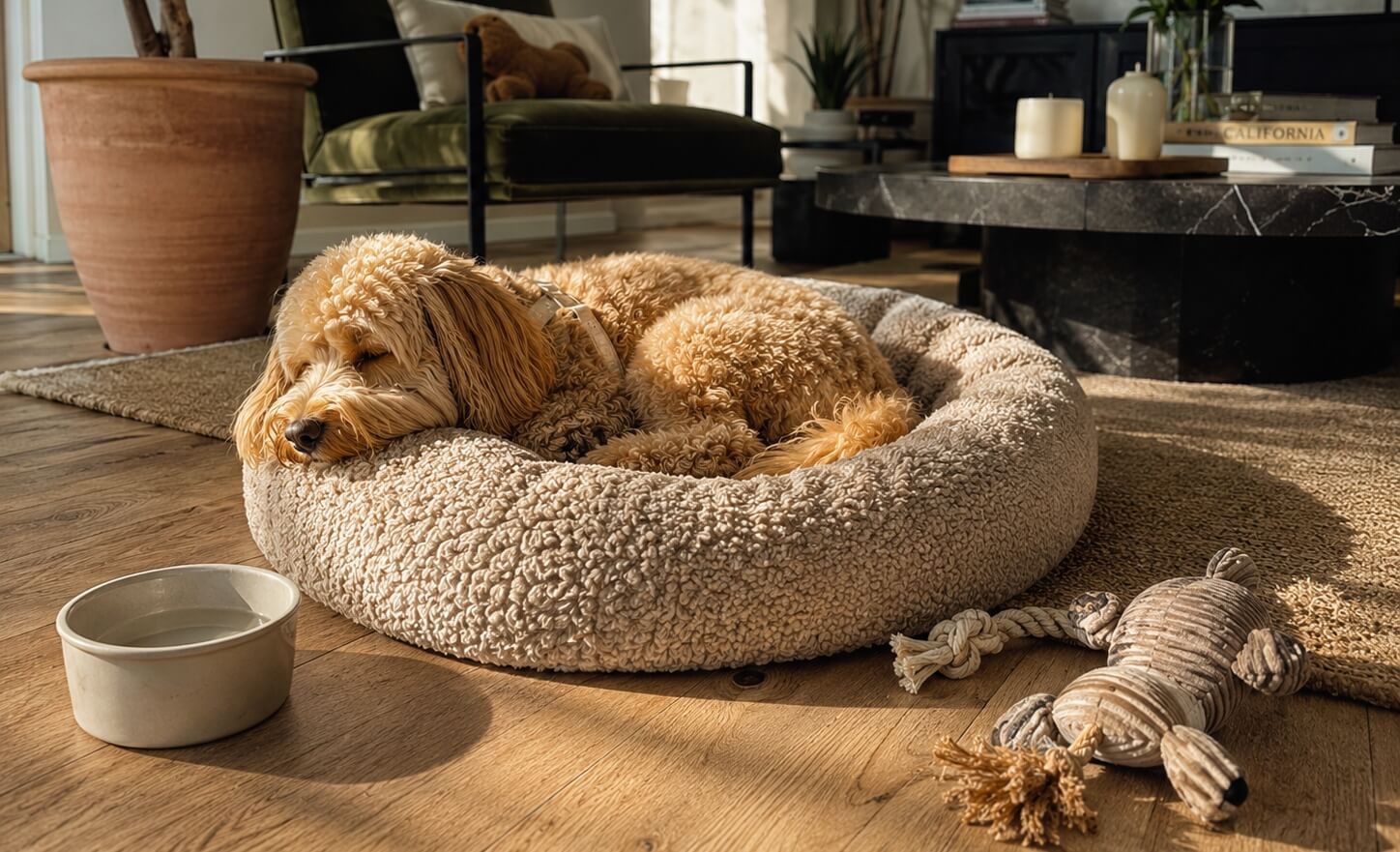 An apricot doodle resting peacefully in a dog bed at home
