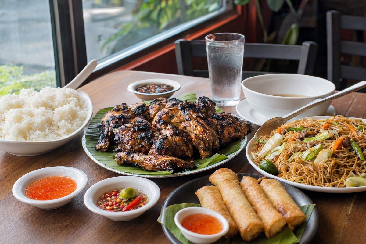 Filipino grilled chicken, pancit noodles, rice and lumpia arranged for sharing