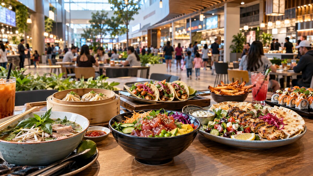 Photorealistic editorial illustration of global dishes inside the TM Wander food hall at Tsawwassen Mills
