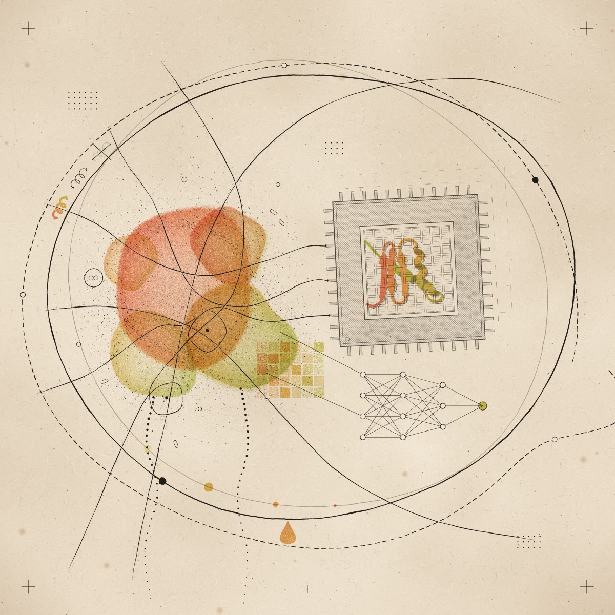 An abstract square print: overlapping coral, yellow and green forms tangled in curving threads, entangled with an AI chip, a neural-network lattice and a pixel grid, all circled by loose crossing loops.