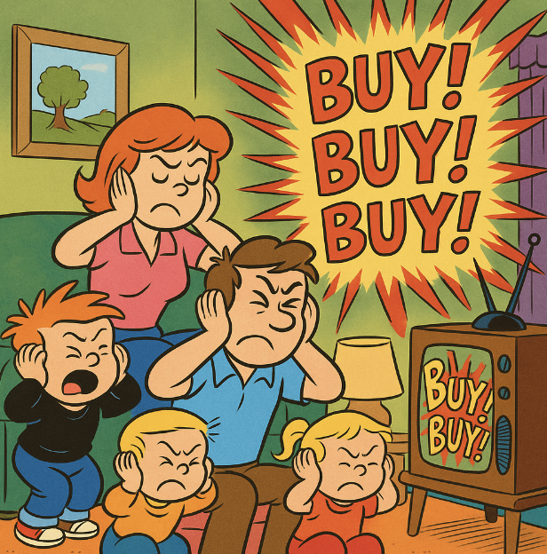A cartoon of a frustrated family covering their ears as a TV blasts loud ads in a cozy living room - Vibrant colors, cartoon style with exaggerated content. An art style mix of Family Circus and The Jetsons.