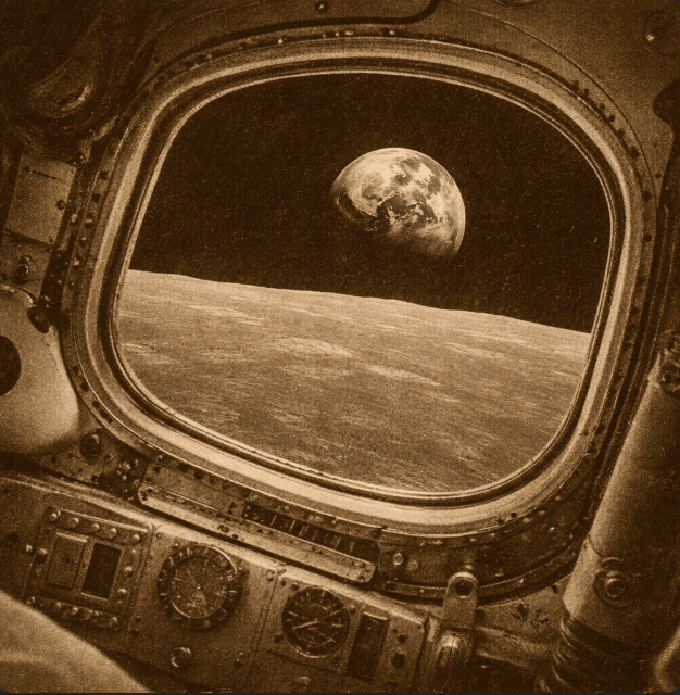 Apollo-era spacecraft window view of Earth as a blue sphere over the Moon’s gray horizon