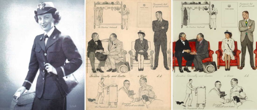 Photograph of a smiling woman in a dark naval uniform and hat, next to two versions of a drawing with figures seated on chairs and a sofa