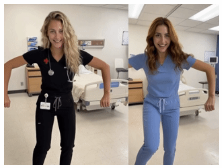 A nurse in scrubs dancing in a hospital hallway, the same AI character and choreography recycled across dozens of unrelated accounts